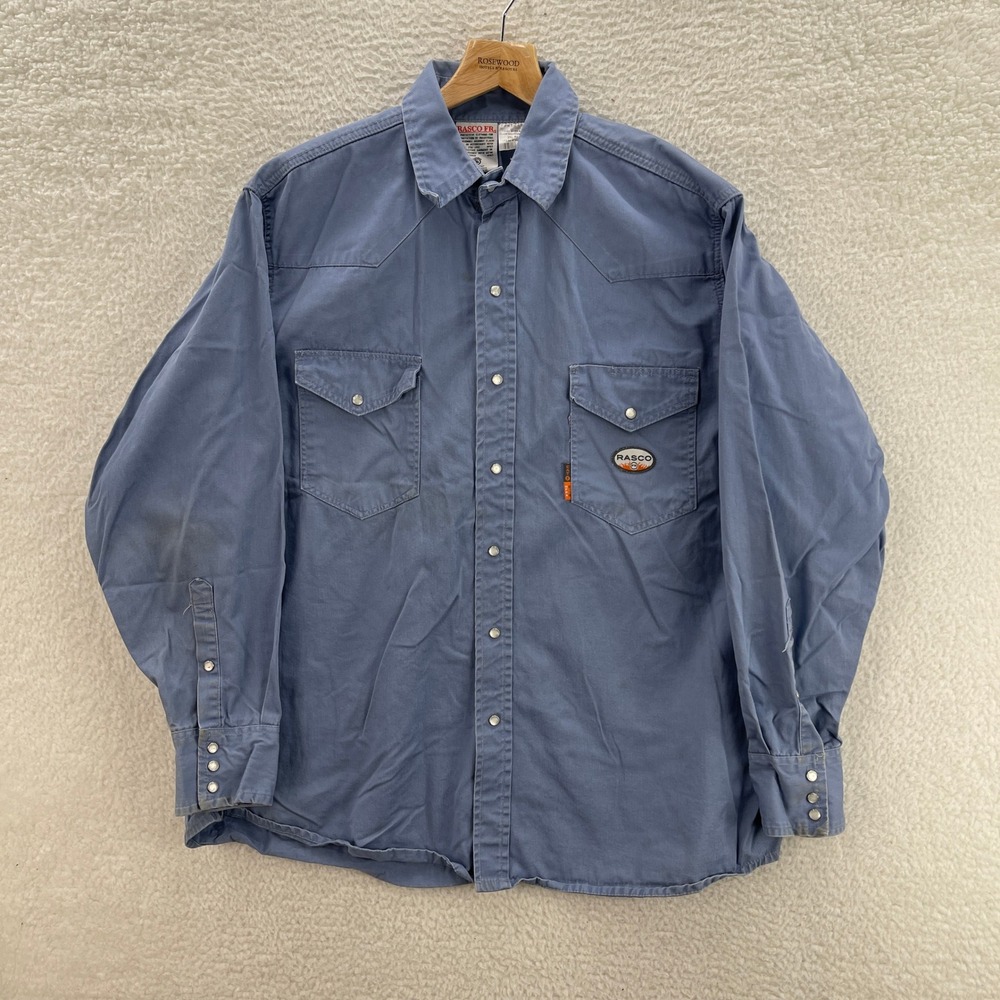 Rasco FR Shirt Mens 3XL Blue FR Flame Resistant Pearl Snap Workwear CAT2 Outdoor
